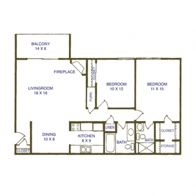2 Bedroom - 2 Bath: 1,006 sq. ft. Monthly Rent: Garden Level: $890 per month - Balcony: $1,010 per month