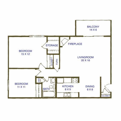 2 Bedroom - 1 Bath: 958 sq. ft. Monthly Rent - Garden Level: $855 per month - Balcony/Patio: $955 per month